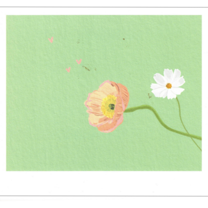 Delicate illustration of a pink flower and a white daisy on a light green background with small pink hearts.