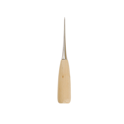 Wooden-handled awl with a long, sharp metal point for piercing leather or fabric.