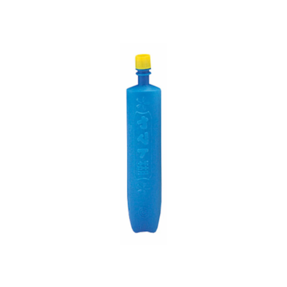 Blue plastic squeeze bottle with a yellow screw-on cap at the top of the bottle's neck.