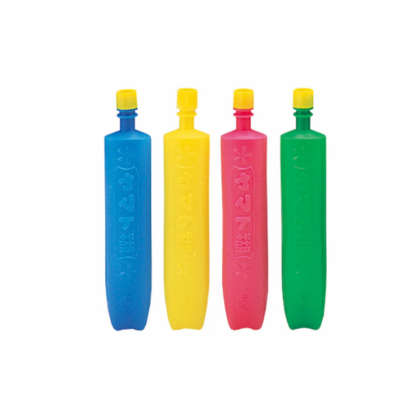 Four fluorescent highlighter pens in blue, yellow, pink, and green with yellow caps lined up together.