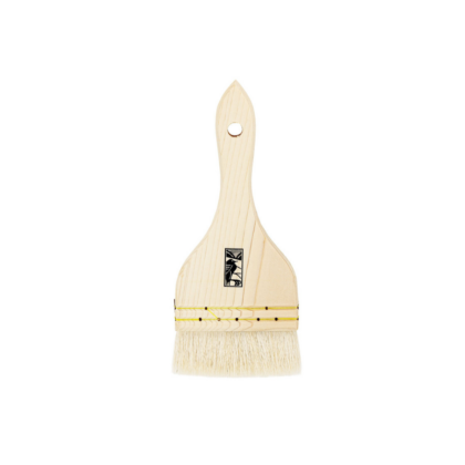 Unpainted wooden paintbrush with natural bristles and a small hole in the handle.