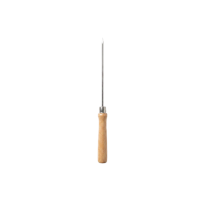 Wooden-handled awl with a long metal shaft and sharp point, used for piercing or stitching leather or fabric