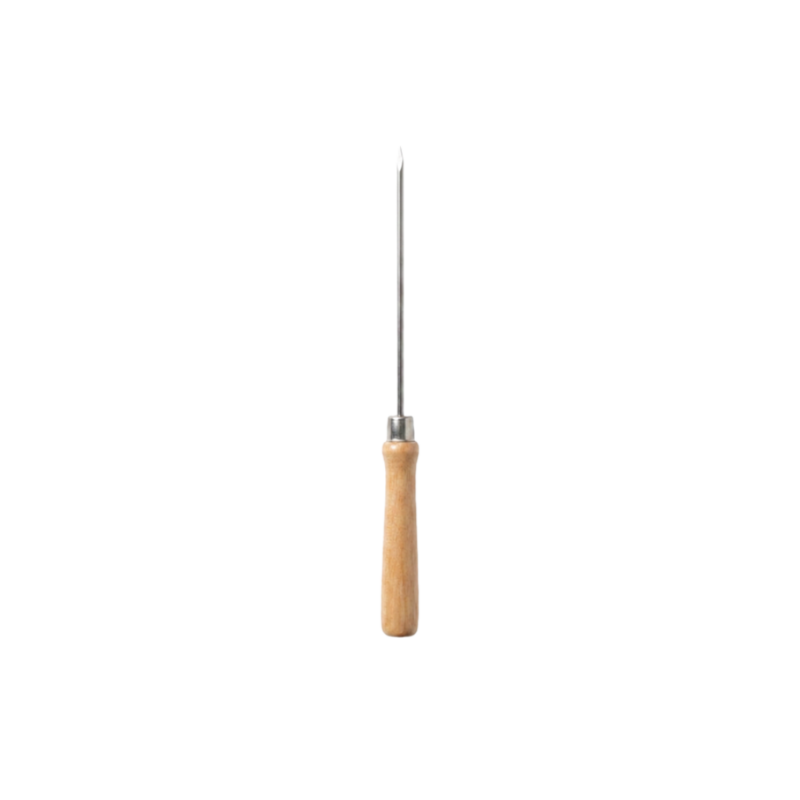 Wooden-handled awl with a long metal shaft and sharp point, used for piercing or stitching leather or fabric