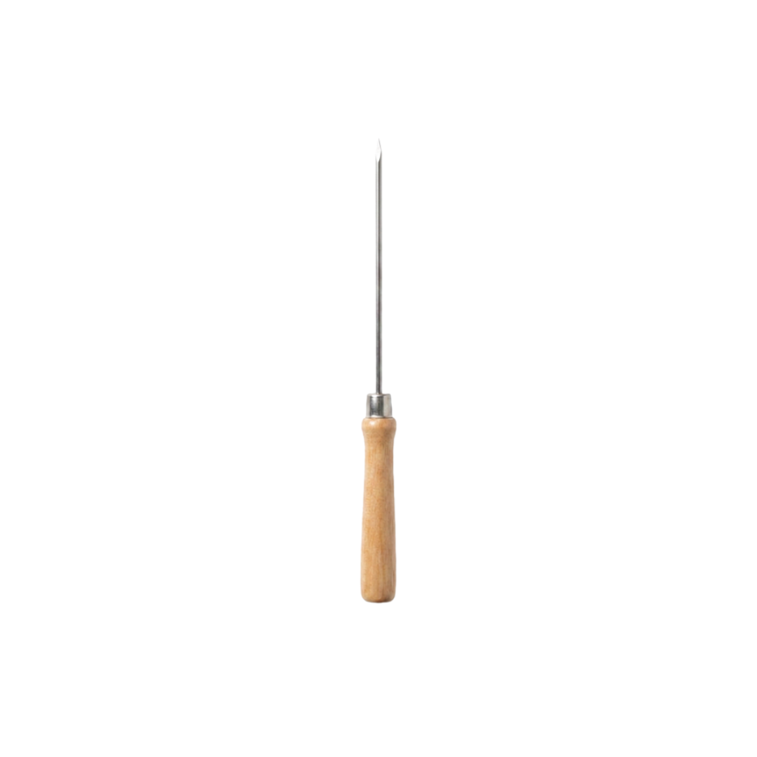 Wooden-handled awl with a long metal shaft and sharp point, used for piercing or stitching leather or fabric