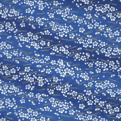 Blue fabric pattern featuring small white blossoms with pale yellow stems scattered across the surface.