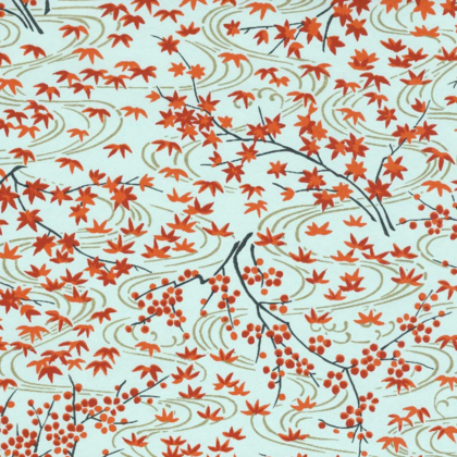 Decorative pattern of red maple leaves and dark branches on a pale blue background with curling swirls