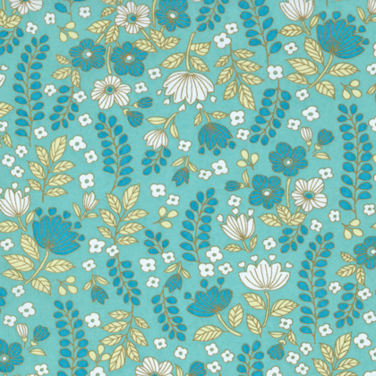 Decorative floral pattern with blue and cream flowers and beige leaves on a turquoise background.
