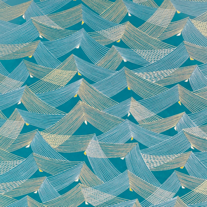 Abstract teal and blue geometric pattern of overlapping triangular shapes with white and gold lines, resembling stylized mountains.