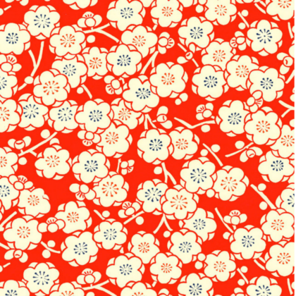Pattern of white plum blossoms with blue centers on a red background (decorative floral design).