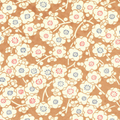 Decorative floral pattern: cream blossoms with red and blue centers on a warm brown background