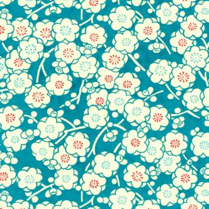 Teal background with a cream blossom pattern and red or blue centers, forming a repeating floral design.
