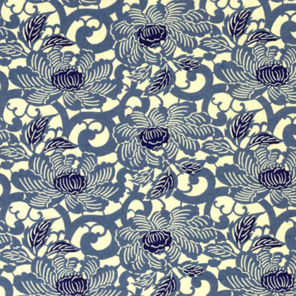 Cream background with a dense blue floral damask pattern and curling vines.