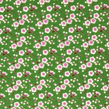 Green fabric pattern with pink-white blossoms and small white berries scattered throughout.