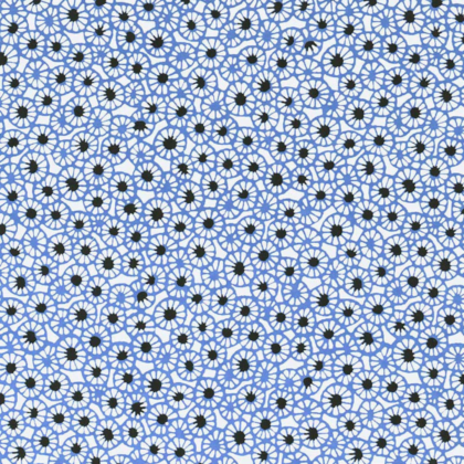Blue and black floral lace-like pattern with repeating circular flowers on white background.
