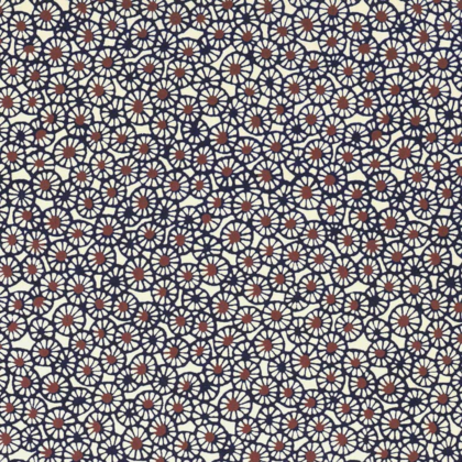 Dense navy floral pattern with small red centers resembling daisies on a white background. A repeating, decorative fabric print.