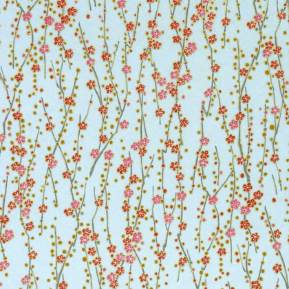 Repeating pattern of slender gray branches with pink and red blossoms and yellow buds on a light blue background.