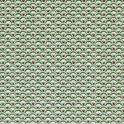 Decorative repeating geometric pattern of green arches with small red accents on a light background, like a tiled lattice.