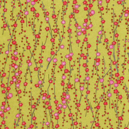 Abstract floral pattern with thin gray branches and red and pink blossoms on a yellow-green background.