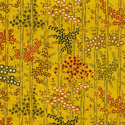 Decorative yellow textile pattern with bamboo stalks and multicolored floral clusters in red, green, black and white.