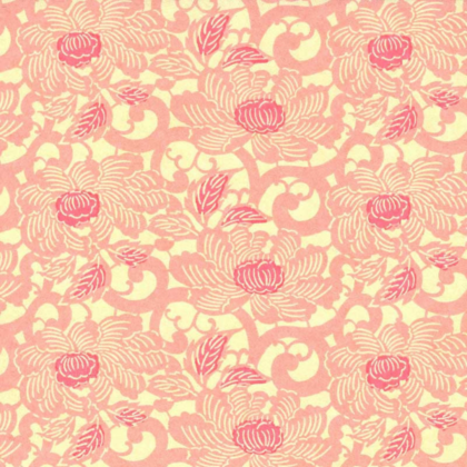 Repeating pink floral wallpaper pattern with peony-like blooms on a cream background for interior design