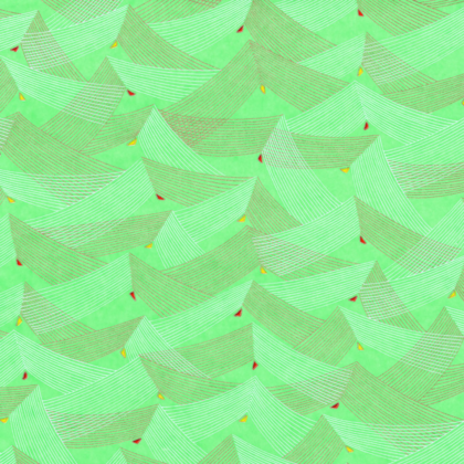 Decorative green geometric pattern showing layered triangular shapes with white stripes and small red and yellow triangles scattered throughout.