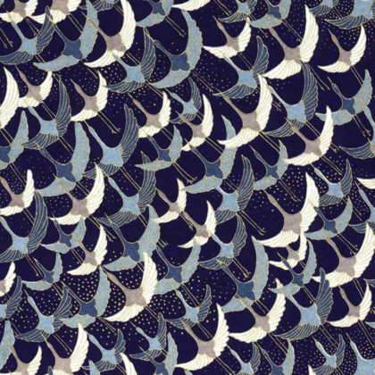 Repeating pattern of white and blue birds in flight on a dark navy background.