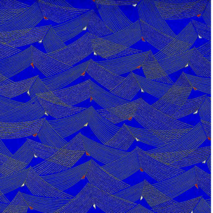 Abstract pattern of overlapping blue triangular shapes with fine white stripes and small red accents.