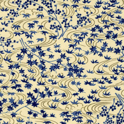 Decorative fabric pattern with blue maple leaves and clusters of berries on a light beige background.