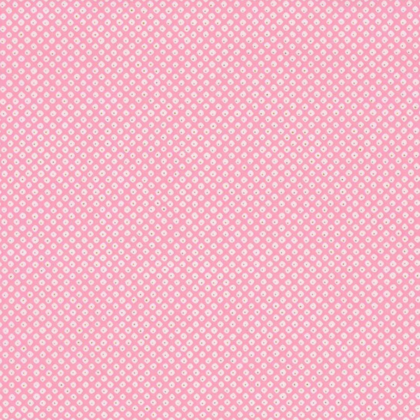 Soft pink background with a repeating pattern of small white polka dots on a pink field.