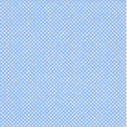 Close-up of light blue fabric with small white polka dots in a regular pattern.