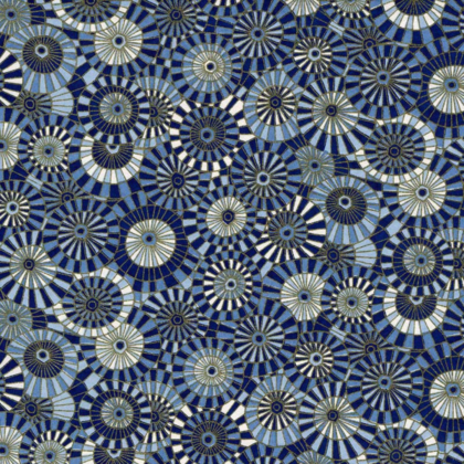 Abstract mosaic of overlapping blue circular patterns with radiating spokes in navy, light blue, and white colors.