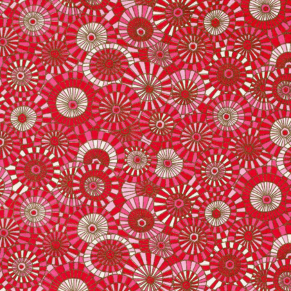 Dense pattern of circular mosaic rosettes in red, pink, and white, with radial segments repeating across the image.