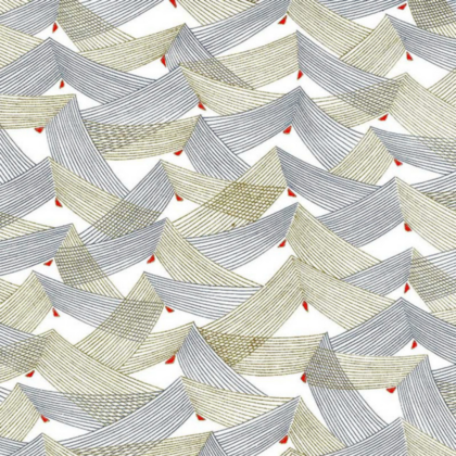 Abstract pattern of overlapping striped triangles in blue and gold with small red accents.