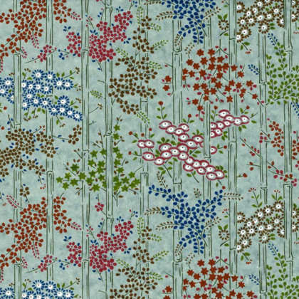 Decorative botanical pattern with colorful flowers and bamboo-like stalks on a light blue background.