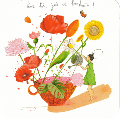 carte postale illustrée par anne sophie rutsaert représentant une personnage qui arrose des fleurs