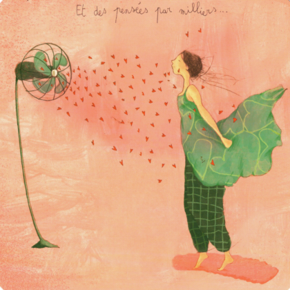 carte postale représentant un personnage devant un ventilateur des coeurs qui s'envolent