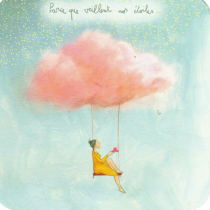 carte postale illustrée par anne sophie rutsaert représentant un personnage sur une balançoire accrochée à un nuage rose