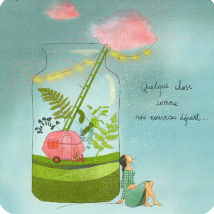 carte postale illustrée par anne sophie rutsaert représentant un personnage devant une bouteille souvenir