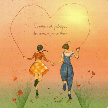 carte postale illustrée par anne sophie rutsaert représentant deux personnage tenant la même corde à sauter