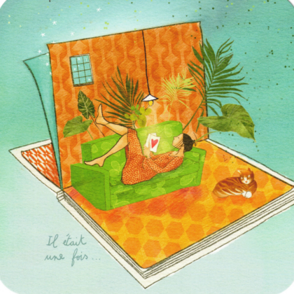 carte postale illustrée par anne sophie rutsaert représentant un personnage dans un livre ouvert