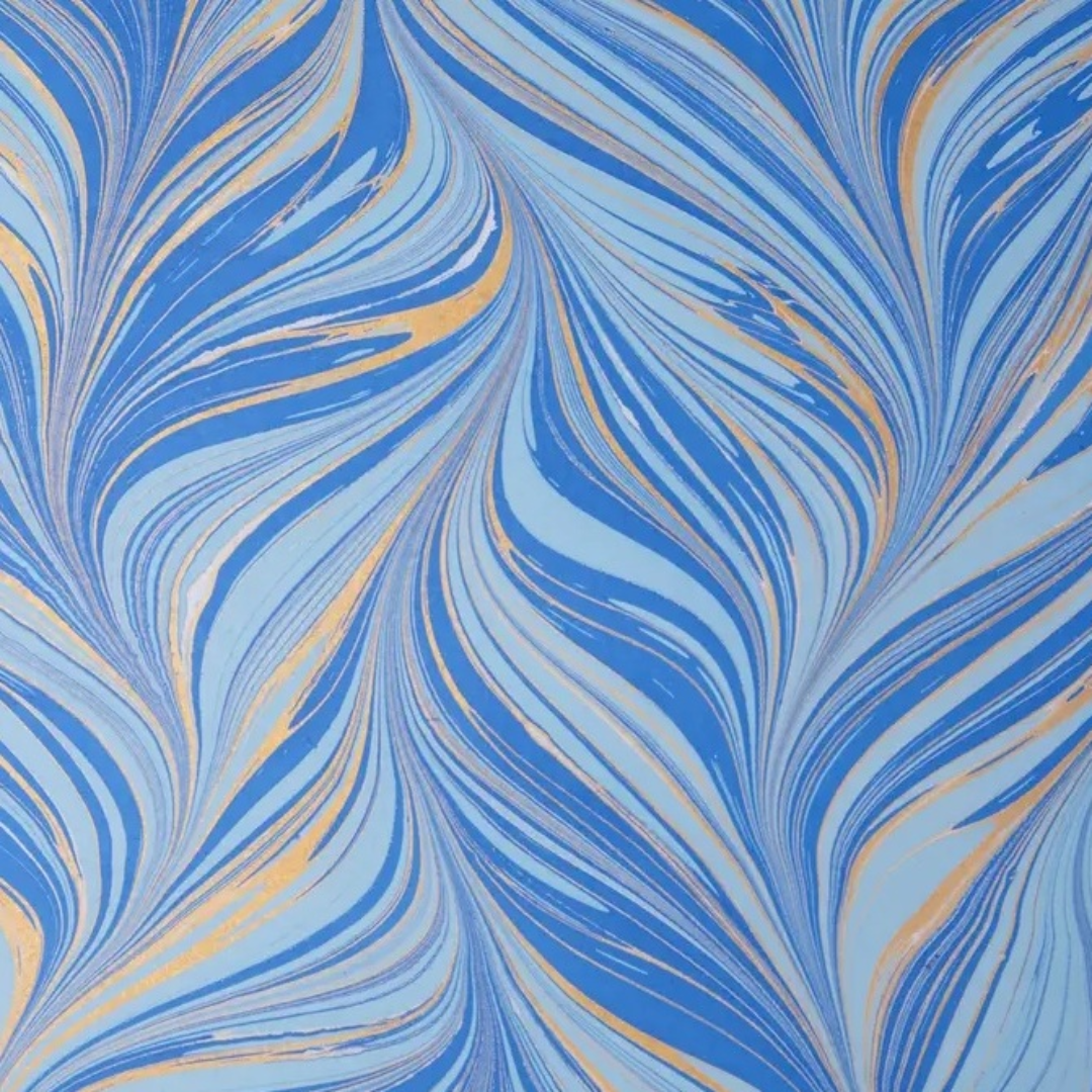 feuille de papier marbré paper mirchi vagues bleues et or