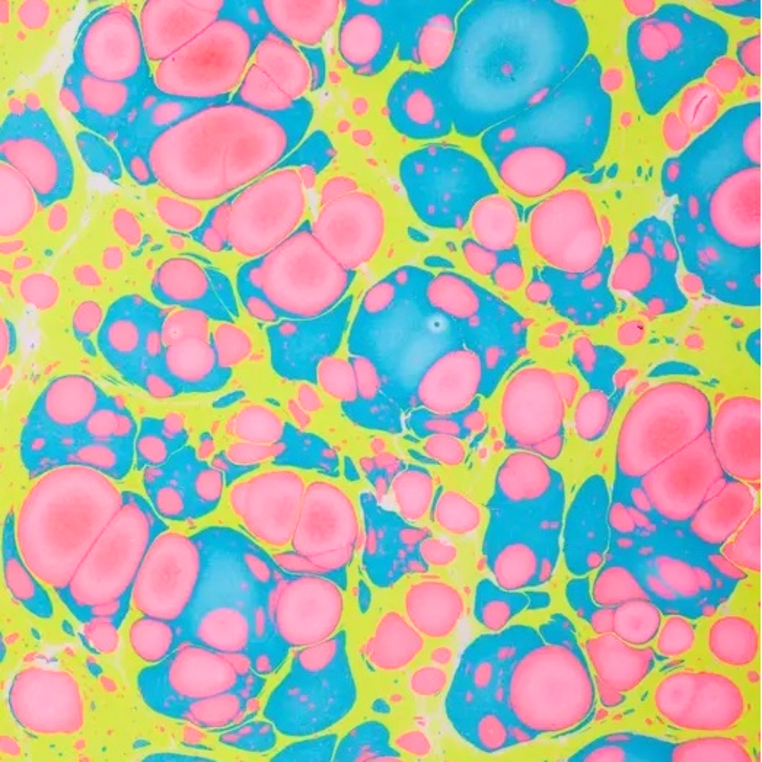 feuille de papier marbré Paper Mirchi motif bulles rose fluo jaune et bleu