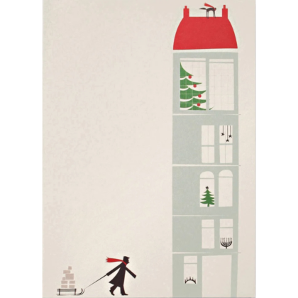 carte postale illustrée et éditée par pleased to meet. Personnage avec une luge devant une grande maison décorée pour noël