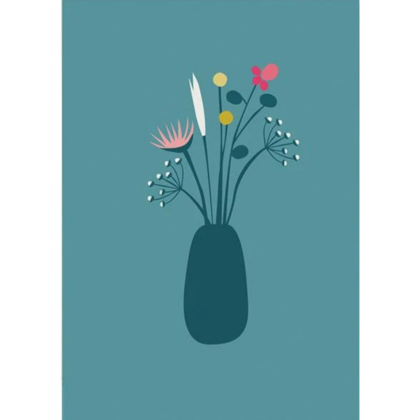 carte postale illustrée par pleased to meet motif vase de fleur sur fond bleu