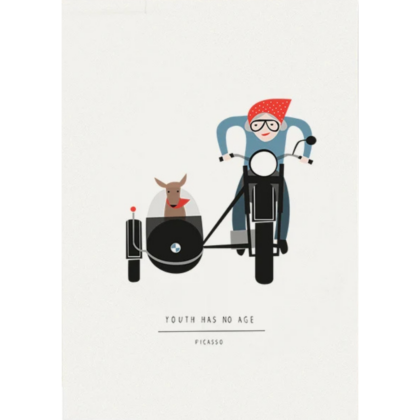 carte postale illustrée par pleased to meet motif dame et un chien dans un sidecar